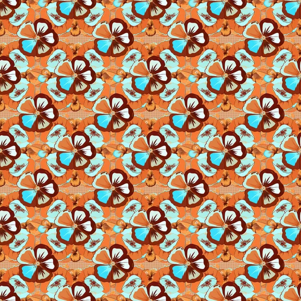 Vector Seamless Background Pattern Stylized Cosmos Flowers Leaves Orange Blue — Stock Vector