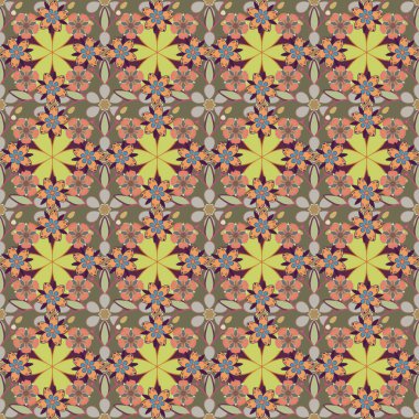 Gri, turuncu ve kahverengi renklerde kusursuz bir duvar kağıdı. El yapımı kır çiçekleri. Kusursuz desen web sayfası arkaplanı, yüzey dokusu ve kumaşlar için kullanılabilir.