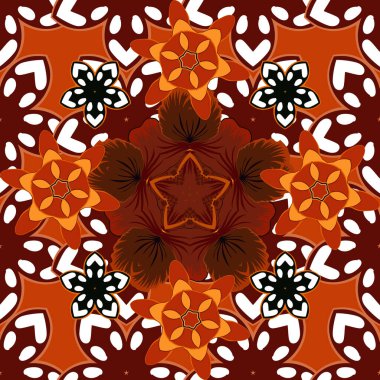 Turuncu, kırmızı ve beyaz renklerde kusursuz soyut çiçek deseni. Hoş bir arka plan. Grafiksel modern model. Geometrik yaprak süsü.