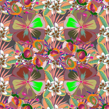 Vektör çizimi. Gri bir arka planda çiçekli, dikişsiz desen.