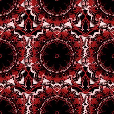 Vektör çizimi. Şam, mor, pembe ve kırmızı renklerde kusursuz çiçek arkaplan deseni.