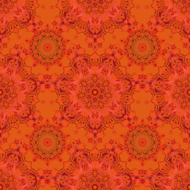 Turuncu ve kırmızı renklerde kusursuz soyut kabile deseni. El yapımı etnik doku, hayal gücünün uçuşu. Vektör illüstrasyonu.