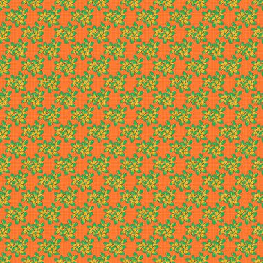 Plumeria çiçekleri, yeşil, sarı ve turuncu renklerde kusursuz desenli. Şirin vektör çiçek arkaplanı.