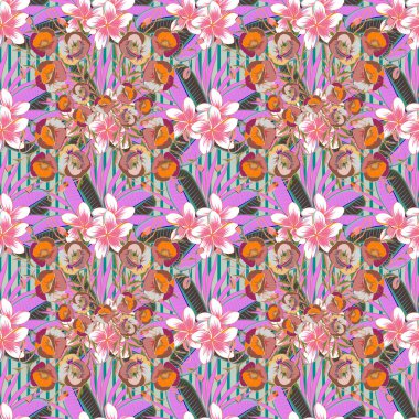 Kusursuz çiçek deseni. Vektör soyut çiçek arkaplanı. Bir sürü küçük pembe ve mavi çiçekli kusursuz desen.