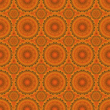 Vektör çizimi. Tasarım, tekstil veya kumaş için yeşil, turuncu ve sarı renklerde vektörsüz çiçek deseni.