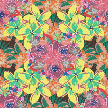 Eski suluboya güller. Yeşil, pembe ve sarı renklerde el çizimi, kusursuz desen.