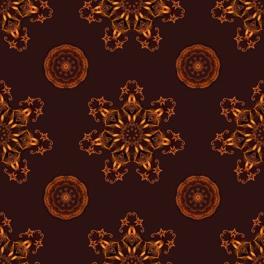 Çiçeksiz desen. Duvar kağıdı barok, kırmızı, kahverengi ve turuncu renklerde kusursuz vektör arkaplan.