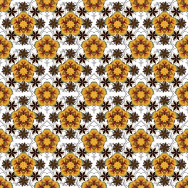 Kumaş tasarımı, elbise, duvar kâğıdı ve kağıt için küçük, hantal çiçekler. Gri, sarı ve kahverengi renklerle kusursuz desenli yaz baskısı.