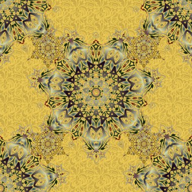 Duvar kağıdı, pankart, ambalaj, düğün kartı olarak kullanılabilir. Müslüman, Doğu süsü, Hint süsü, İran motifi. Soyut bej, yeşil ve sarı halka süsü. İslami doğuya özgü pürüzsüz desen.