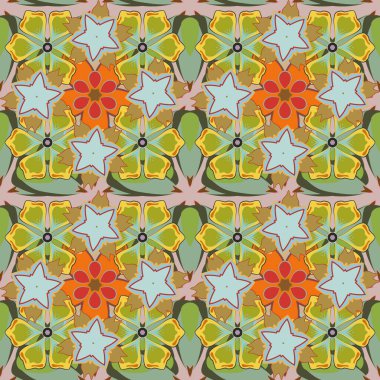 Mavi, yeşil ve sarı kar taneleriyle Doodle tarzında kusursuz bir Noel modeli. Kağıt ürünleri, ambalaj, tekstil.