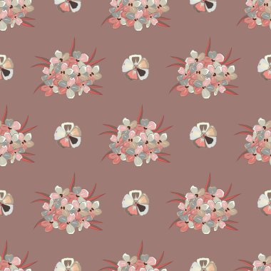 Primula çiçekli ve yaprakları pembe, mor ve bej renklerinde vektörsüz çiçek deseni.