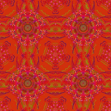 Kusursuz vektör arkaplanı. Kış Tatili Örgü Şablonu Pembe, Turuncu ve Kırmızı Daireler, Noktalar ve Kar Taneleri.