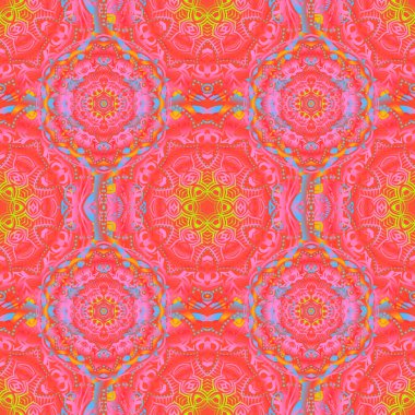 Geleneksel gotik damaske arka planı. Kırmızı, mor ve pembe arkaplansız çiçek süsleme deseni. Tebrik kartı, sunum veya düğün davetiyeleri için soyut arabesk arkaplanı.