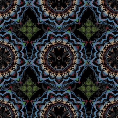 Kraliyet duvar kağıdı. Siyah arkaplandaki soyut çiçekler. Vektör tarzı süs. Damask Çiçeksiz desen.