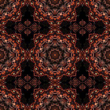 Çiçekli ve Mandala elementli zarif, pürüzsüz bir desen. Güzel kırmızı, kahverengi ve turuncu el çizimi, pürüzsüz vektör çizimi.