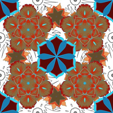 Kahverengi, turuncu ve gri kar taneleriyle Doodle tarzında kusursuz bir Noel modeli. Kağıt ürünleri, ambalaj, tekstil.