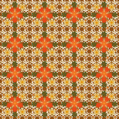 Küçük çiçeksiz desen. Vektör grafik baskı. Beyaz, turuncu ve kahverengi renkli narin küçük çiçekler..