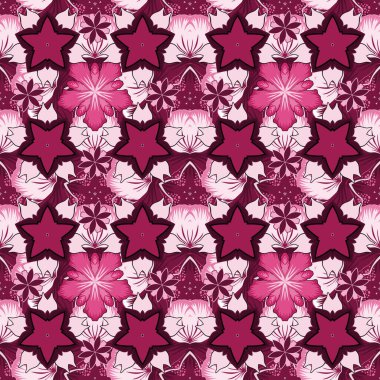 Dekoratif yaz çiçekleriyle kusursuz desen pembe ve mor renkler, suluboya vektör çizimi.