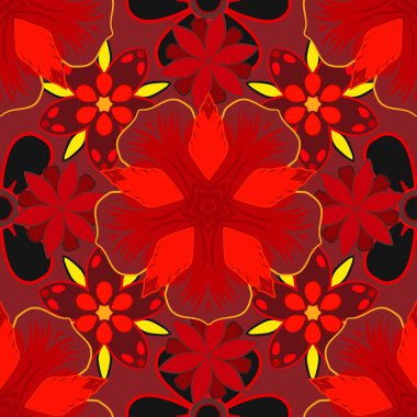 Zarif kırmızı, turuncu ve sarı desenli, çiçekli ve Mandala elementli. El çizimi güzel bir vektör çizimi.