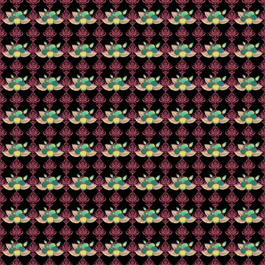 Aloha tipografisi, siyah arkaplan üzerindeki kırmızı, kahverengi ve sarı renklerde kusursuz desenli vektör çizimi için amfibik çiçekli illüstrasyon..