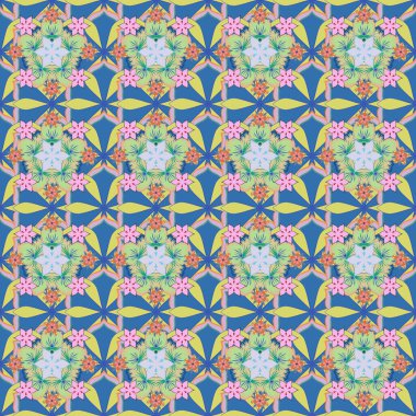 Mavi, sarı ve bej renkli vektör küçük çiçekler. Moda baskıları için zarif bir şablon. Ditsy çiçek stili. Küçük çiçeklerdeki şirin, pürüzsüz desen..