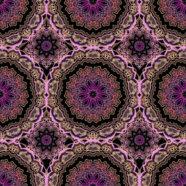 Şatafatlı klasik süs, duvar kağıtları, baskı, tekstil veya kumaş için kraliyet Victoria dönemi dokusu. Mor, pembe ve kahverengi renklerde barok çiçekli, pürüzsüz desen. Vektör illüstrasyonu.