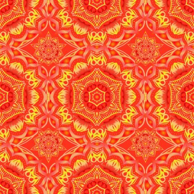 Tekstil, duvar kağıdı, kumaş, ambalaj kağıdı için vektör tasarımı. Yeni yılın kutlu olsun. Turuncu, sarı ve kırmızı pürüzsüz Noel deseni - noktalı çeşitli Xmas 2019 kar taneleri.