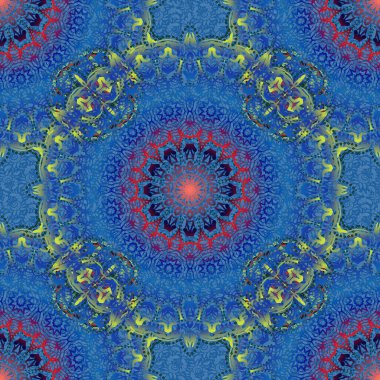 El yapımı etnik doku, hayal gücünün uçuşu. Vektör çizimi. Mavi ve yeşil renklerde kusursuz soyut kabile deseni.