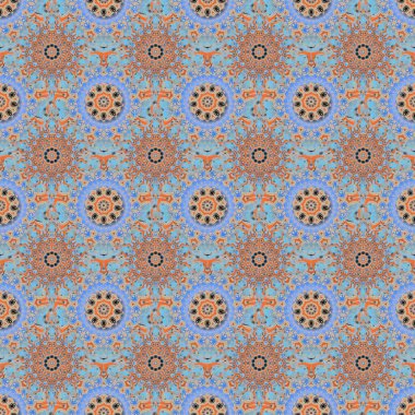 Vektör tarzı süs. Damask desensiz mavi, turuncu ve gri renkte çiçek deseni. Soyut çiçekli kraliyet duvar kağıdı.