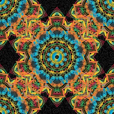 Mavi, sarı ve yeşil renklerde süslü konuşmalar. Vektörsüz damaske deseni, klasik duvar kağıdı, arkaplan.