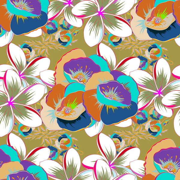 Patrón Tropical Sin Costuras Con Muchas Flores Abstractas Azules Beige — Archivo Imágenes Vectoriales