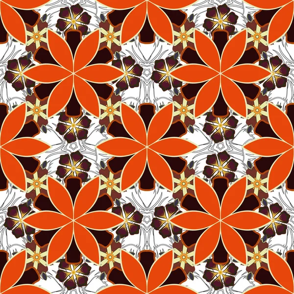 Patrón Sin Costura Vectorial Con Flores Hojas Colores Naranja Rojo — Vector de stock