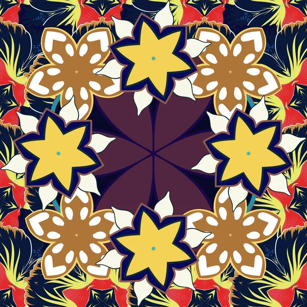 Muchas Flores Colores Azul Marrón Amarillo Patrón Floral Paisley Patrón — Vector de stock