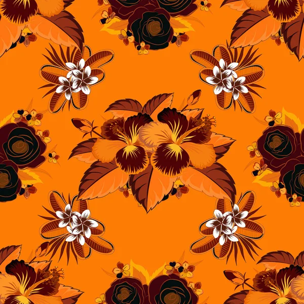 Tropisch Naadloos Patroon Met Veel Beige Oranje Gele Hibiscus Bloemen — Stockvector