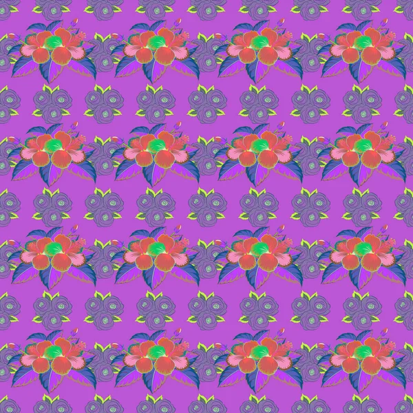 复古纺织品设计系列 秋天的颜色手绘花卉成分的无缝矢量图案 1950年代至1960年代的主题 有粉色 绿色和蓝色花朵的丝巾 — 图库矢量图片