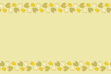 Kopyalama alanı olan yazlık dikişsiz desen (metin için yer). Sarı ve bej renkli yatay çilekli soyut arkaplan kompozisyonu, sıçramalar, karalamalar ve stilize çiçekler.