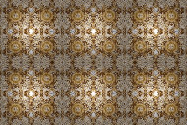 Ve altın renkli tekstil baskısı. Çiçek motifli altın fayanslar. Kusursuz desenli oryantal süs. İslami raster tasarımı.