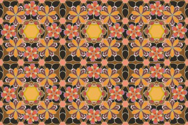 Karmaşık yıldızlı lüks, kusursuz bir desen. Gri, kahverengi ve turuncu renkli yıldız desenleri ve klasik süslemeler. Çok renkli dekorasyonlar. Raster pürüzsüz arkaplan.