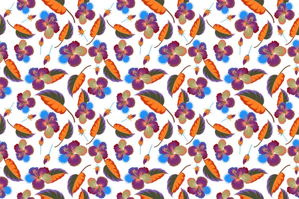 Гибискус Оранжевого Фиолетового Цветов Белом Фоне Бесшовный Узор Тропическими Цветами — стоковое фото