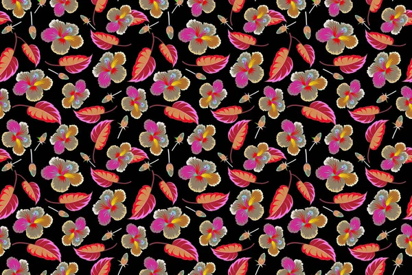 Seamless Tropical Flowers Red Beige Colors Hibiscus Pattern Black Background — Stock Photo, Image