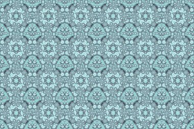 Raster illüstrasyonu. Damask, mor, yeşil ve mavi renklerde çiçeksiz arkaplan deseni.