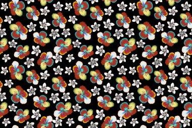 Siyah arka planda mavi ve kırmızı renkli amber çiçekleri ve tropikal bitkilerle parlak Hawaii tasarımı.