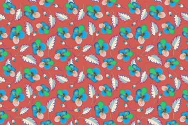 Çiçek illüstrasyonu. Çiçek motifli kusursuz desen. Mavi, bej ve pembe çiçekli kusursuz çiçek deseni, suluboya..