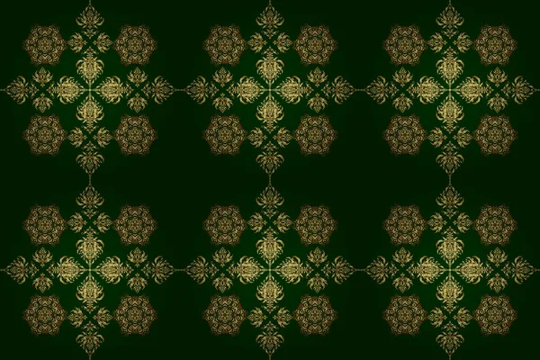 Raster Nahtloses Muster Nahtloses Damastmuster Goldene Und Grüne Klassische Tapeten — Stockfoto