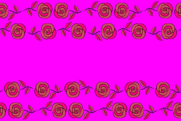 Horizontal seamless pattern with magenta, black and pink watercolor flowers and copy space (place for your text). Female pattern. Gentle colors. Handmade.