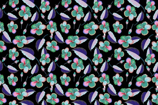 Квіти Гібіскуса Бутони Ретро Безшовні Ілюстрації Візерунків Фіолетовому Синьому Кольорах — стокове фото
