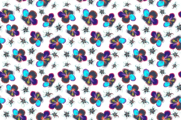 Яркий Гавайский Бесшовный Рисунок Тропическими Цветами Гибискуса Белом Фоне Фиолетовых — стоковое фото