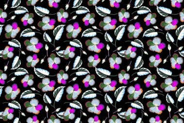 Yeşil ve mavi renklerde siyah arkaplanda tropikal amber çiçekleri bulunan parlak Hawaii deseni..
