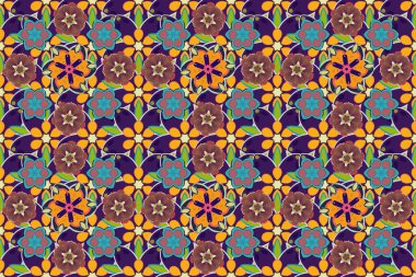 Doğu tarzında klasik tasarımlı, pürüzsüz bir desen. Kumaş için dekorasyon. Süslü dantel iz sürücü. Geleneksel Arap süsü, sarı, mavi ve mor elementlerle.