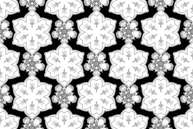 Kumaş için dekorasyon. Doğu tarzında klasik tasarımlı, pürüzsüz bir desen. Süslü dantel iz sürücü. Siyah zemin üzerinde beyaz elementlerle geleneksel Arap süsü.